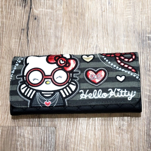 Hello Kitty Loungefly Denim Long Wallet Pre-owned Black/Gray - Picture 1 of 7